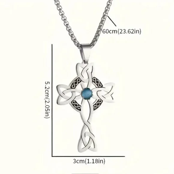 Stainless Steel Celtic Knot Cross Pendant Necklace Synthetic Blue Zirconia NWT - Picture 3 of 3